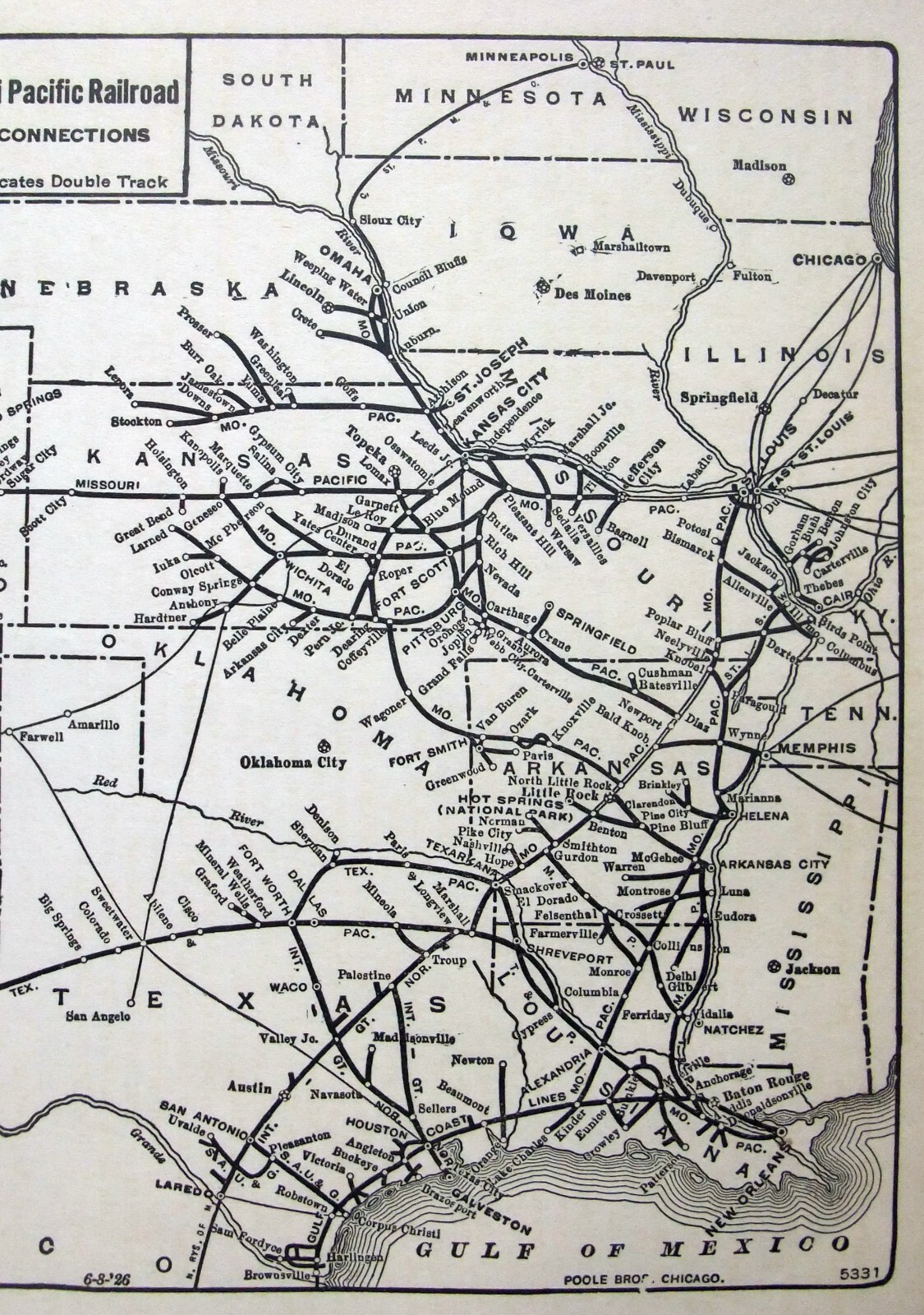 Missouri Pacific Railroad – Original 1926 System Map. Antique