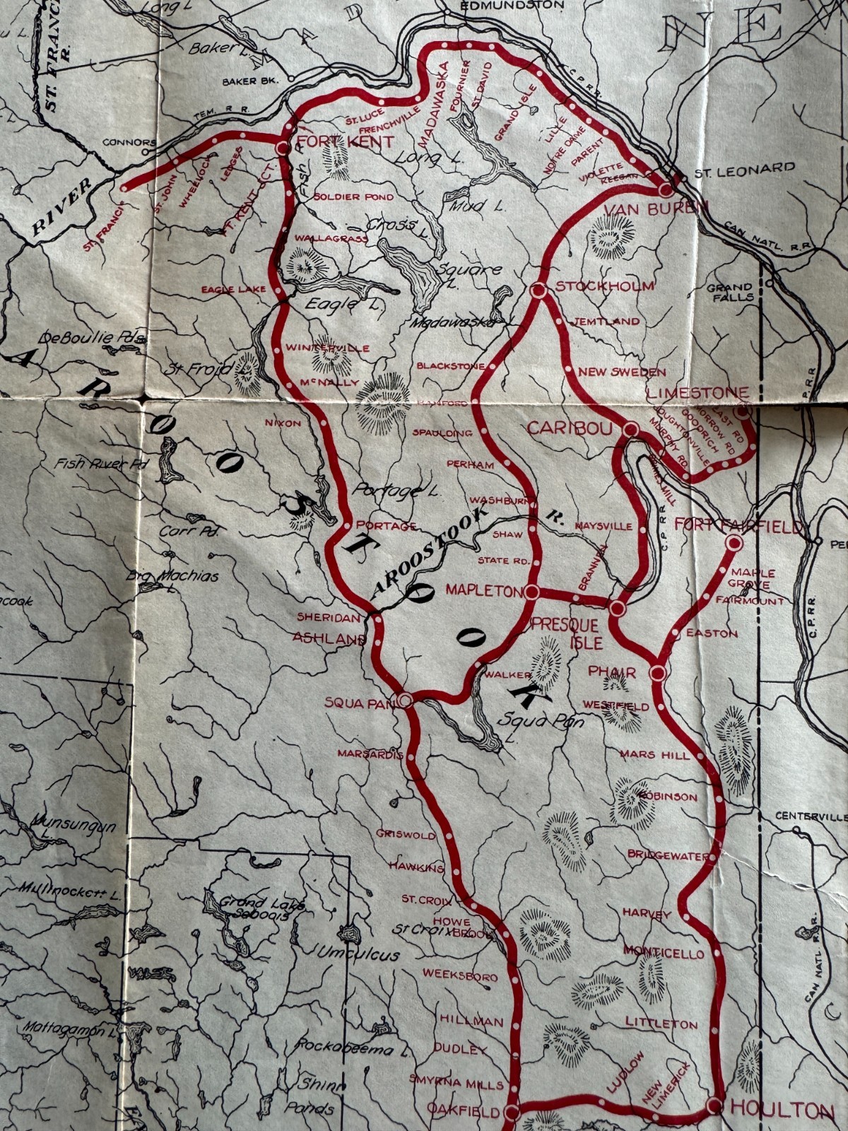 Vintage ca 1930s 17×27 Bangor and Aroostock RR Railroad Route Map Northern Maine