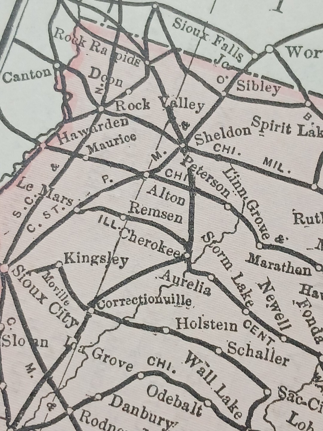 1897 Train Route Map MISSOURI & IOWA all Railroad Lines Station Marked 9″x 11″