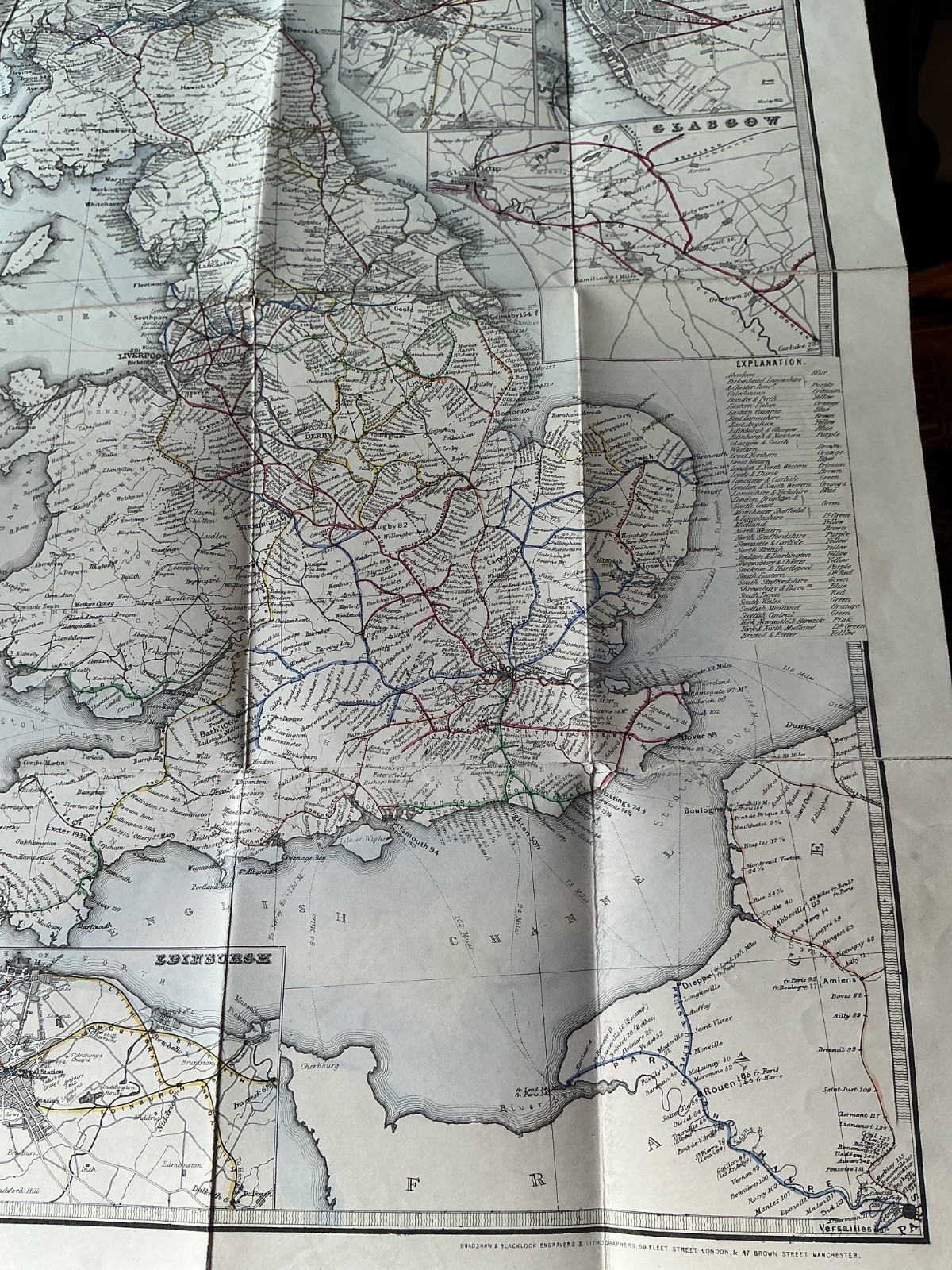 1856 Bradshaws Antique Folding Railway Map Great Britain W.J. Adams London
