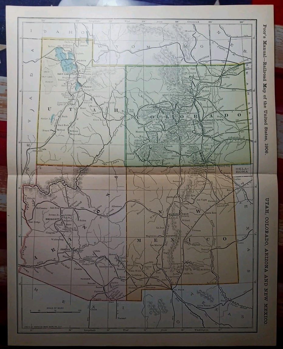 ~1906 Train Route Map COLORADO Utah ARIZONA New Mexico all Railroad Lines 11×9″