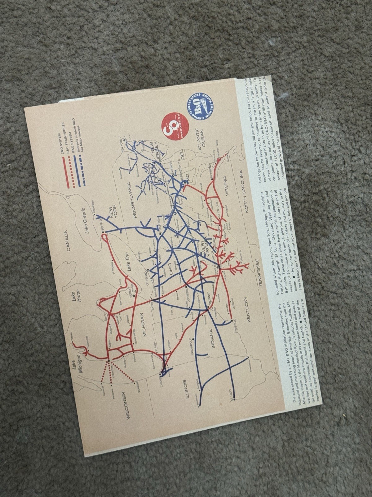 B&O Railroad / C&O System Route Map Print, Eastern U.S., Trainferries, 1963