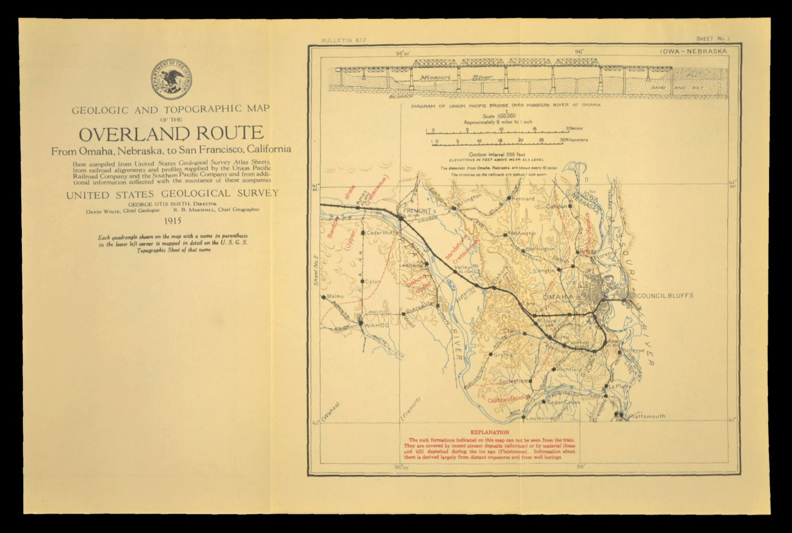 1915 Antique Union Pacific Railroad Map Omaha NE Council Bluffs Iowa Bellevue
