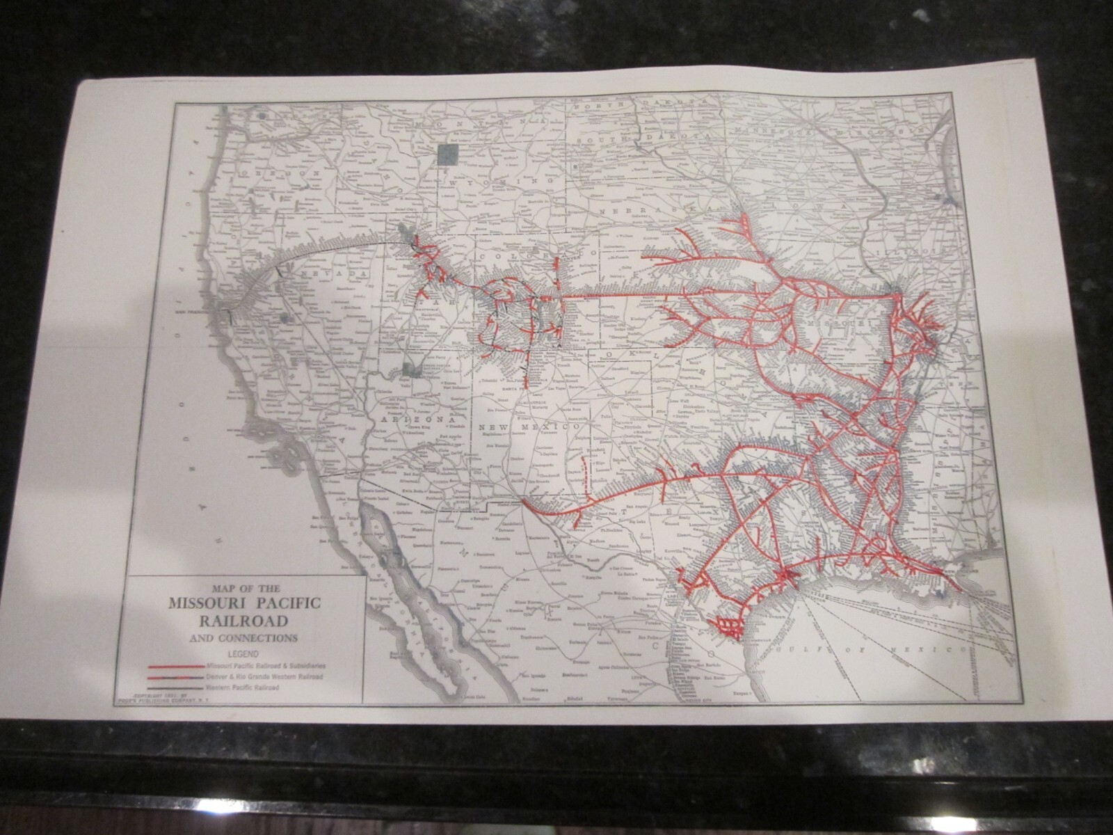 1931 MAP OF THE MISSOURI PACIFIC RAILROAD – 17″ X 11″ – HEAVY STOCK PAPER