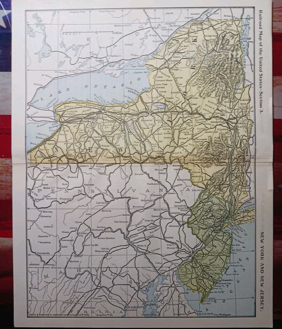 ~ 1897 Train Route Map NEW YORK NEW JERSEY ☆ all Railroad Lines & Stations 9×11″