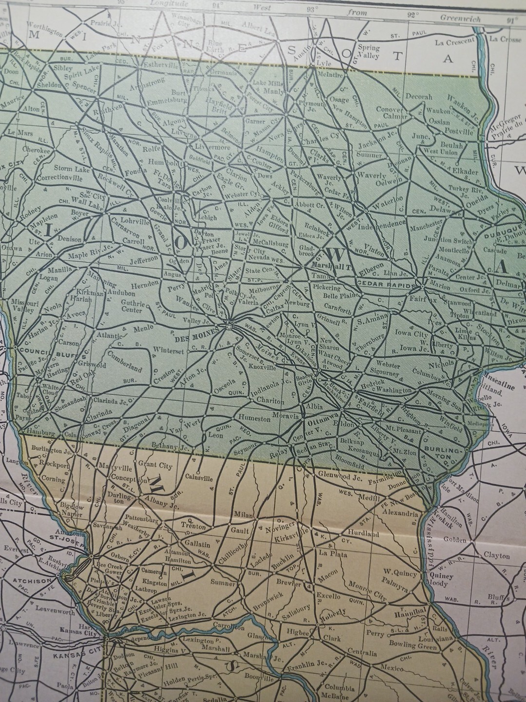 1904 Dated Railroad Map IOWA & MISSOURI all Lines Train Routes 11″x9″ COLOR