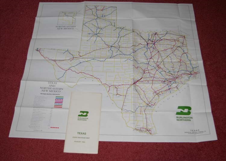 1983 Burlington Northern Railroad Texas State Map showing Railroad Lines