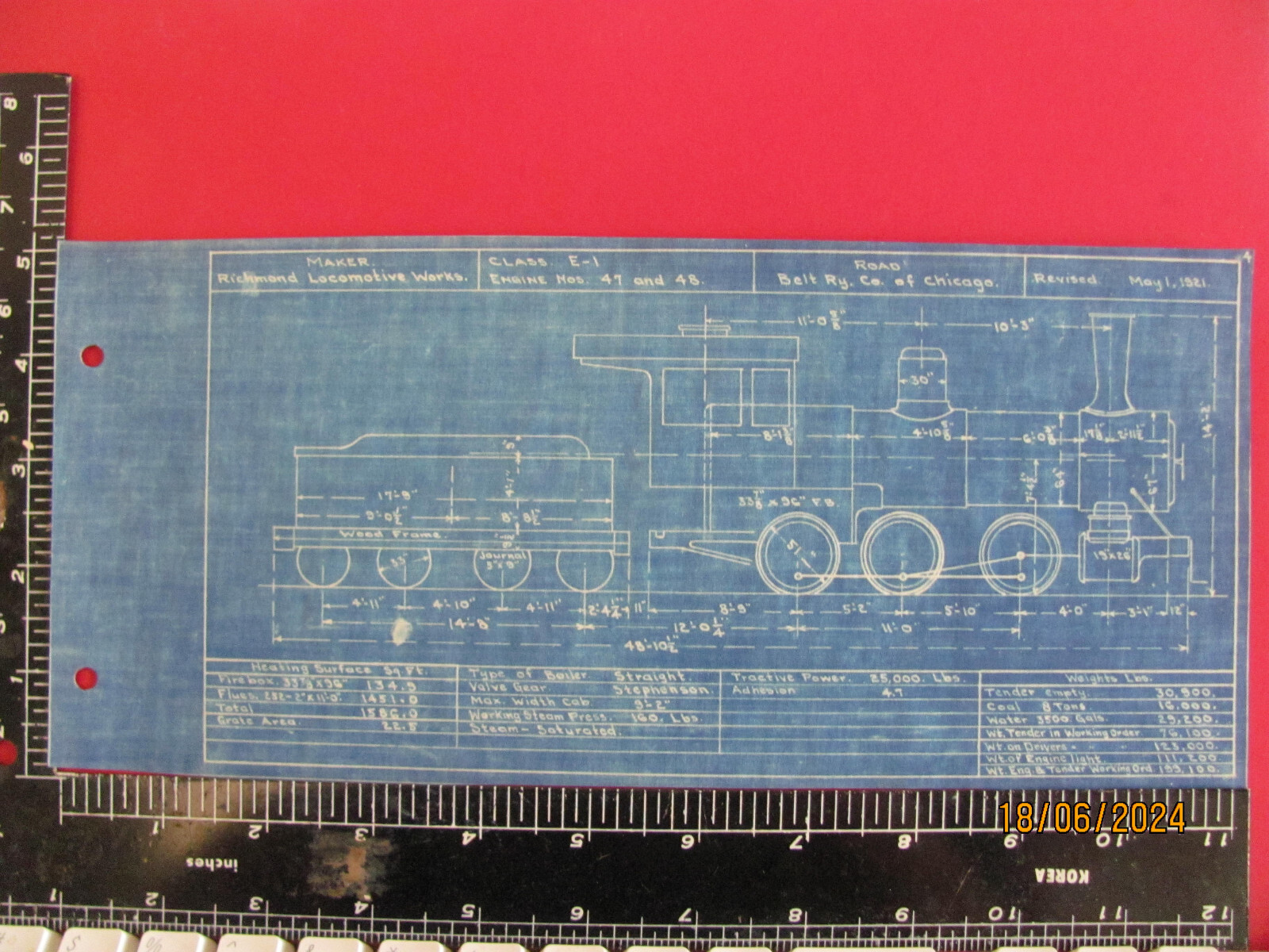 BELT RAILWAY OF CHICAGO 0-6-0 E-1 LOCOMOTIVES #47 – #48 BLUEPRINT DATA DRAWING