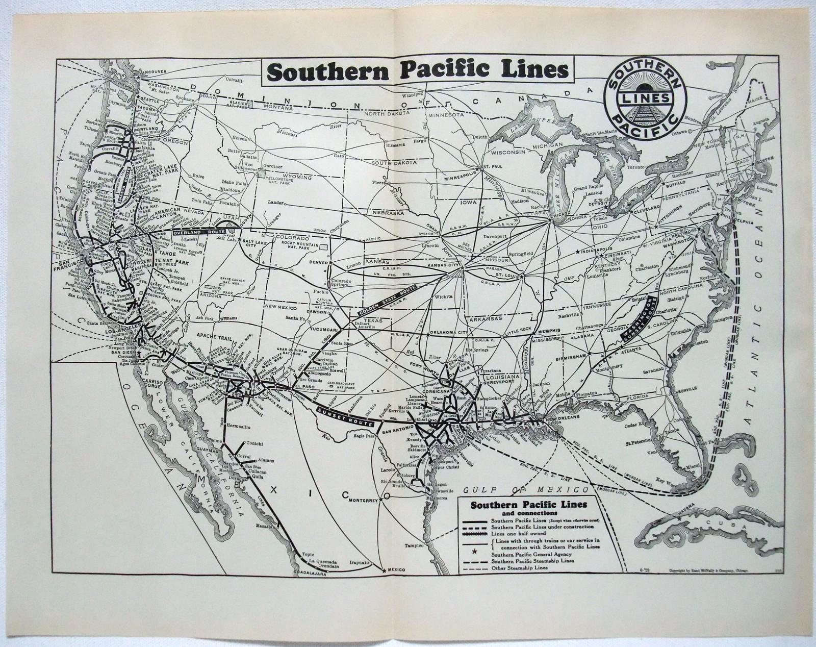 Southern Pacific Railroad – Original 1929 Dated System Map. Antique Railway