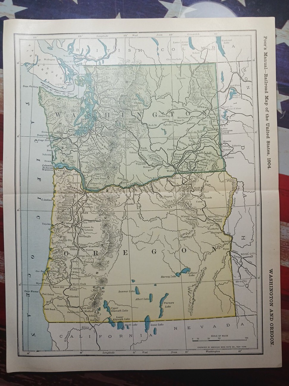 1904 dated Railroad Map WASHINGTON OREGON All Lines & Train Routes 11″x9″ color