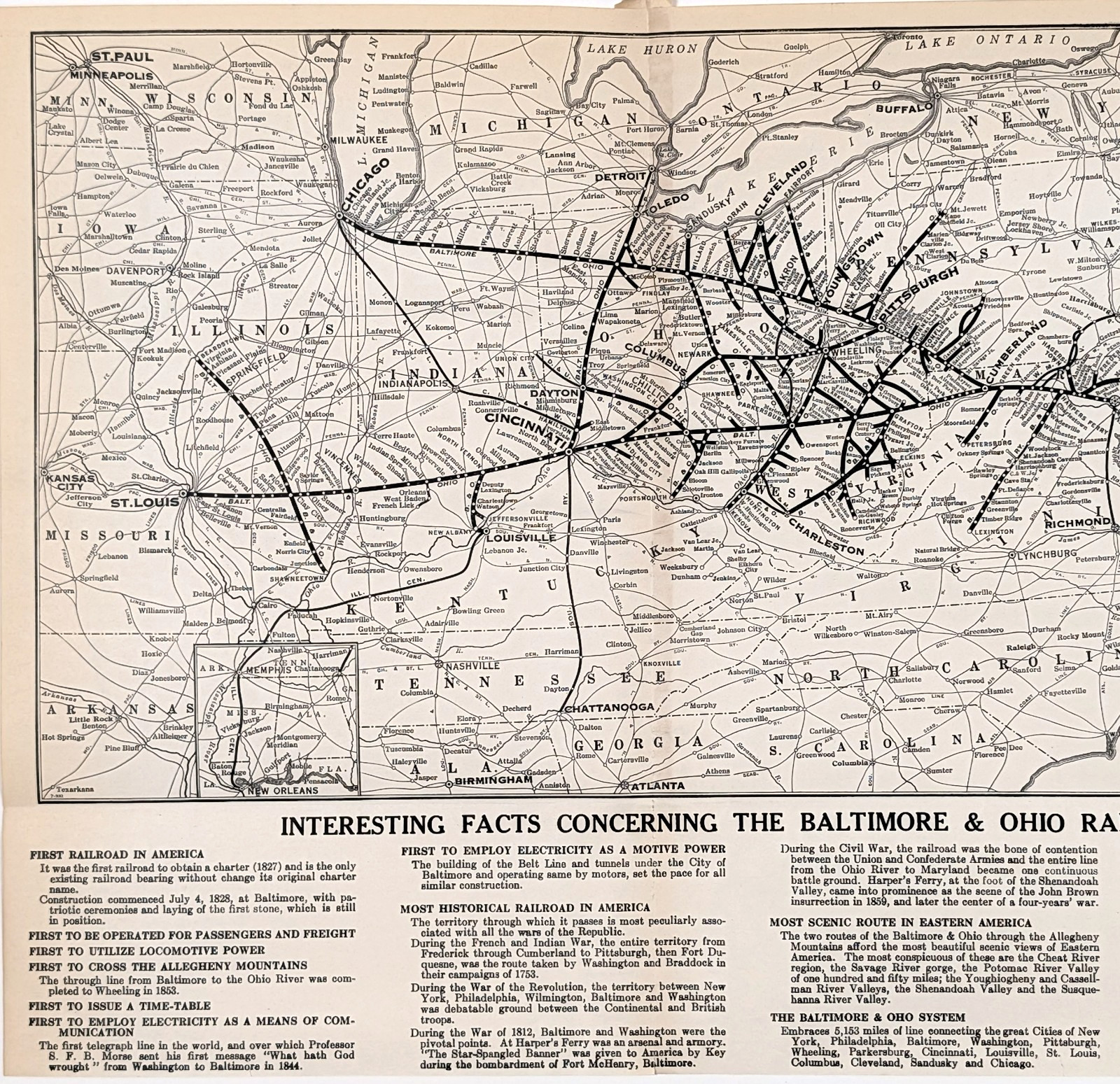 1925 BALTIMORE & OHIO RAILROAD Map ORIGINAL – Washington DC – West Virginia