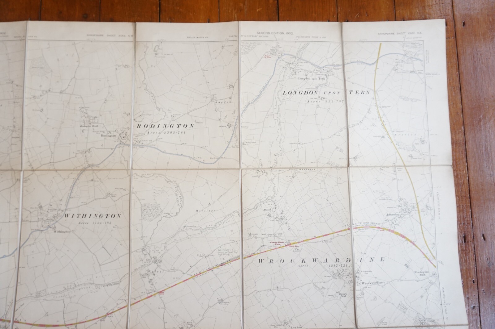 1902 Rodington Upton Magna Shropshire Stanford Ordance Railway Linen Map