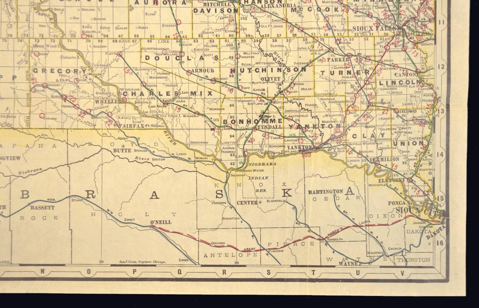ca 1905 South Dakota Railroad Map Yankton & Western RR Wyoming & Missouri River
