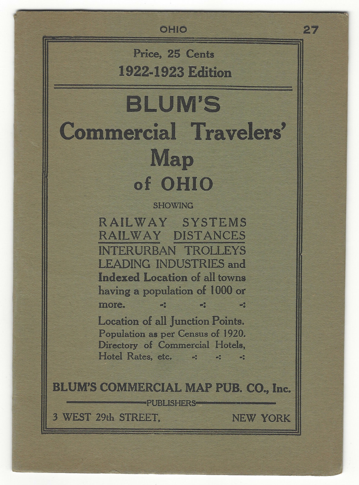 Blum’s Commercial Travelers Map of Ohio Railroad/Railway System-1922/1923