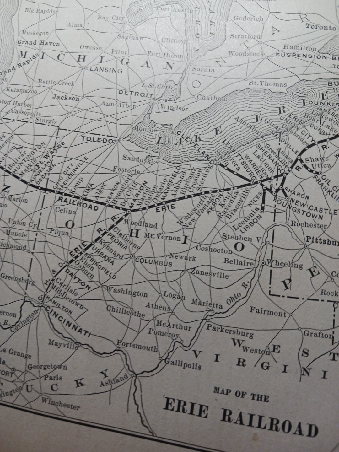 ~1896 Antique Train Route Map ERIE RAILROAD Ohio Pennsylvania New York Indiana