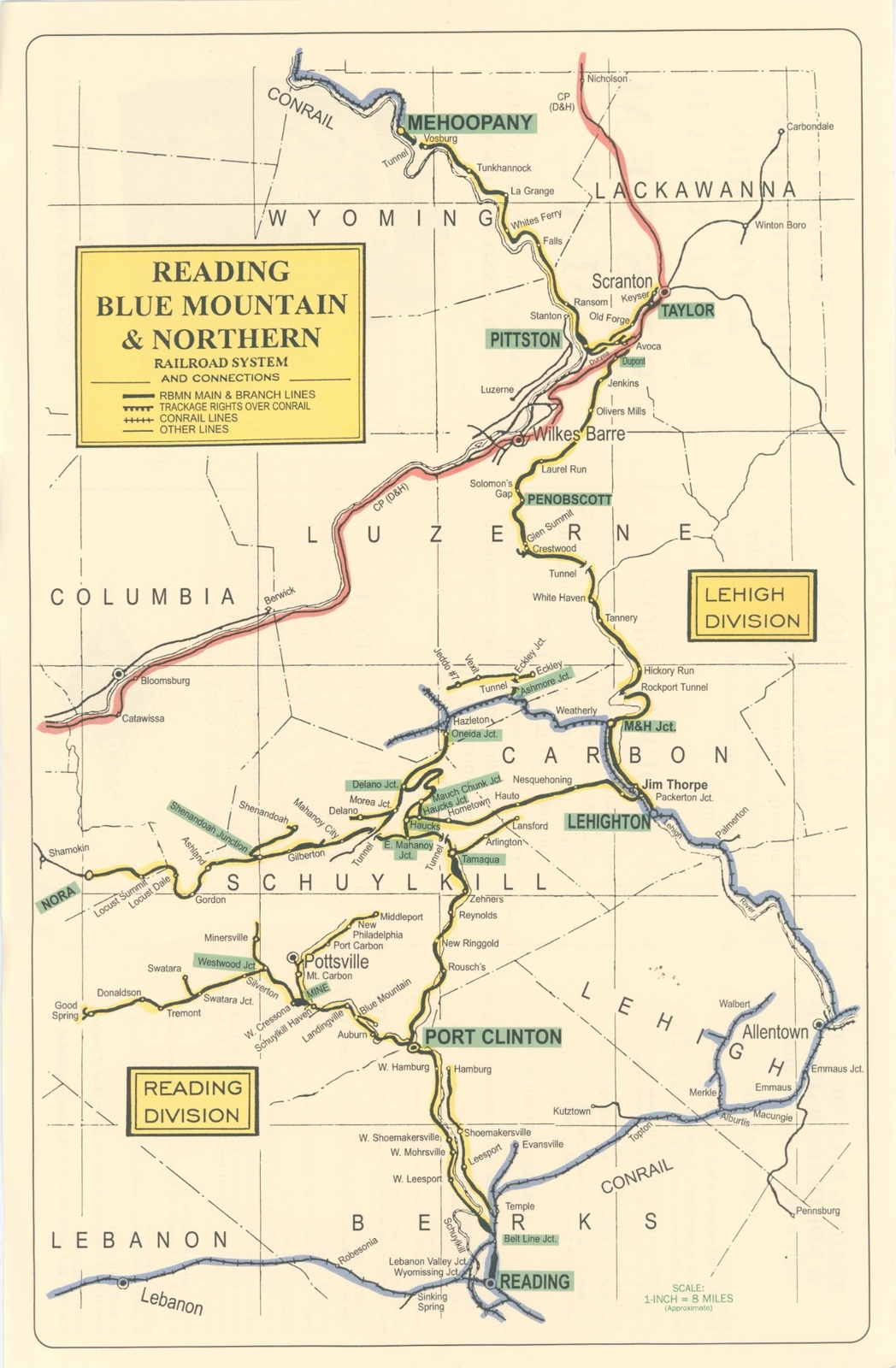 c1990 Reading Blue Mountain Railroad System Map Brochure Anthracite Road Train