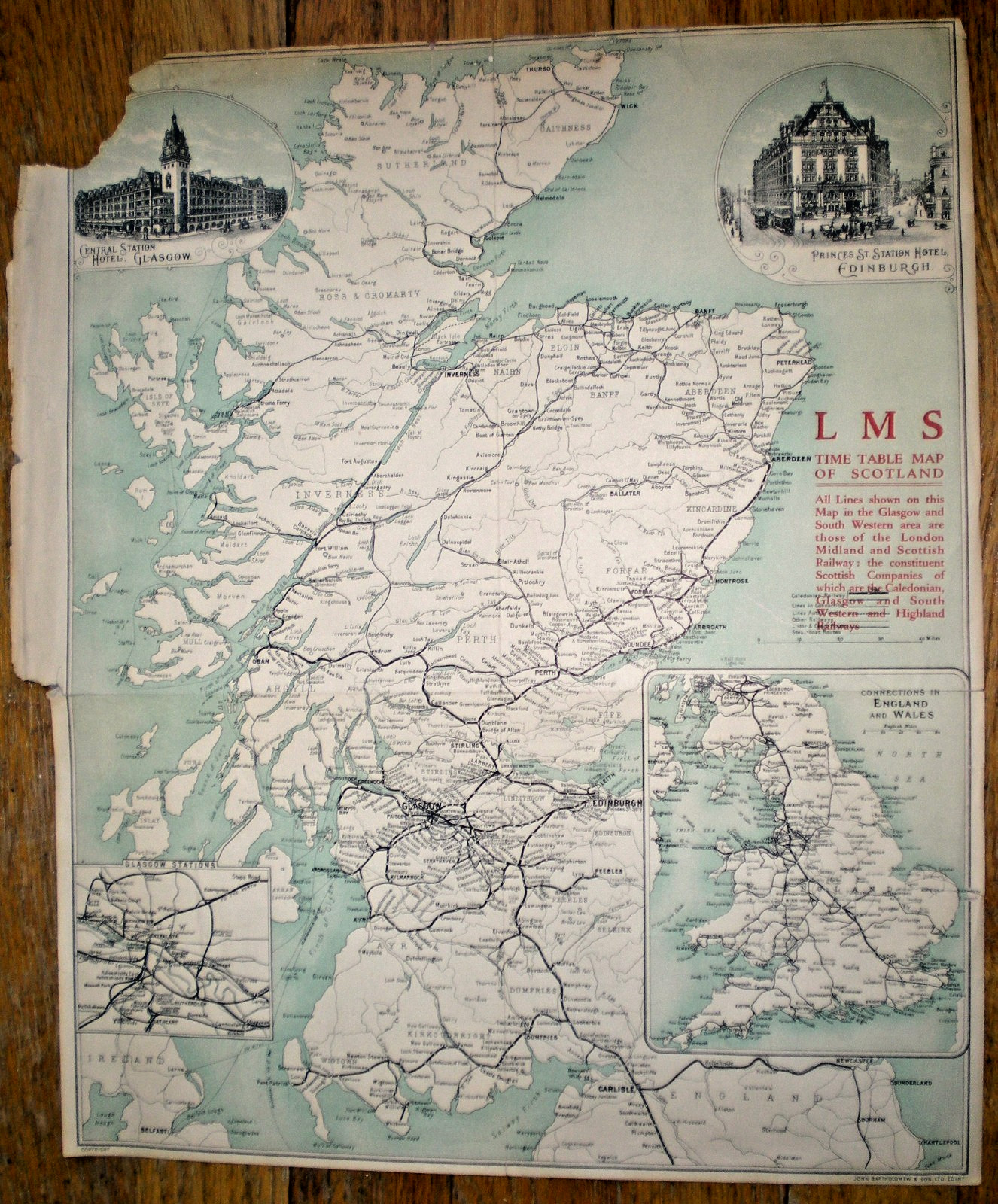 c1910 London Midland and Scottish Railway Time Table Map of Scotland ~ LMS Map