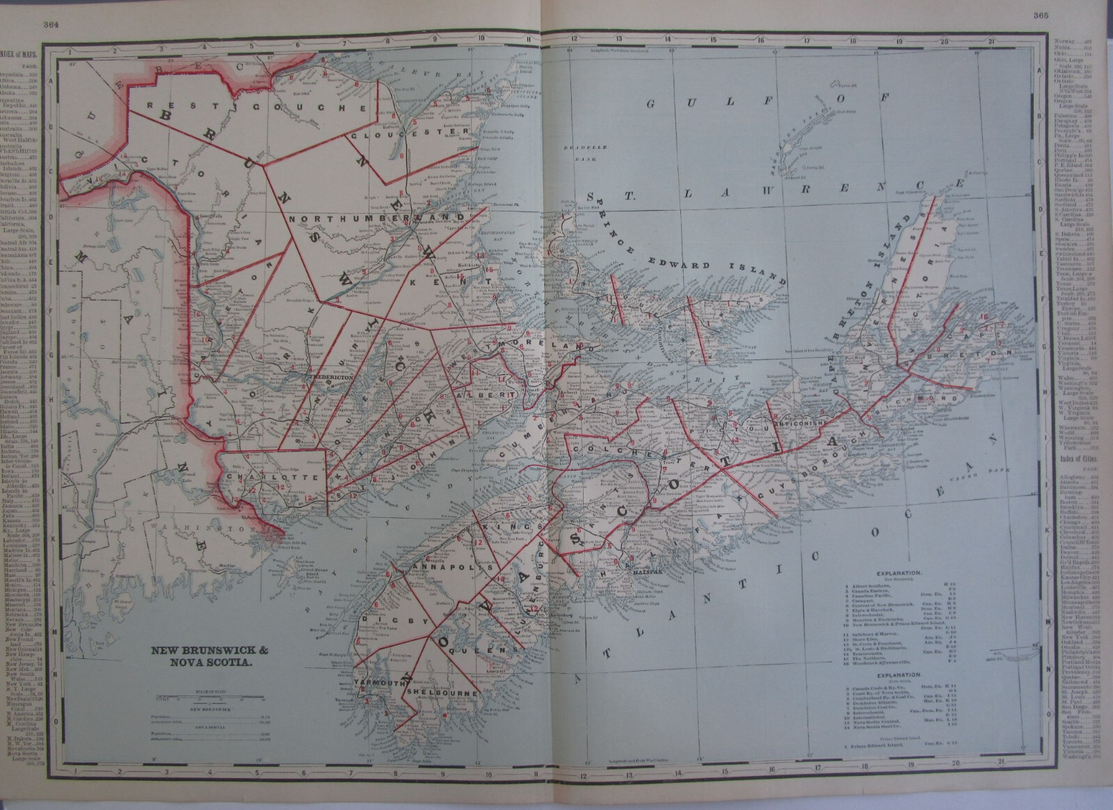 1896 NEW BRUNSWICK & NOVA SCOTIA Map. CANADA Cram RAILROAD. MONETON & BUCTOUCHE