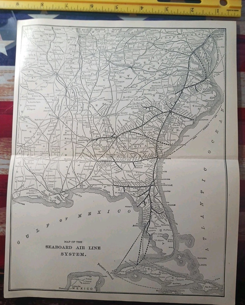 1905 Train Route Map SEABOARD AIR LINE SYSTEM railroad Stations Depot 11″x9″