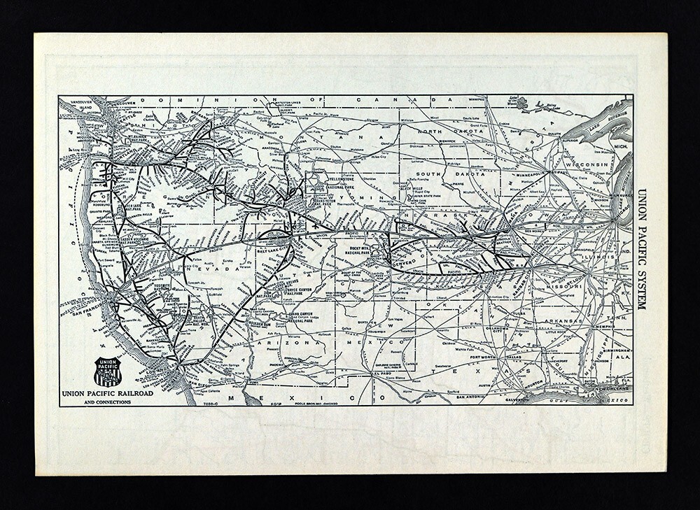 1940 Poole Bros Map Union Pacific Railroad Denver Salt Lake Oregon California RR