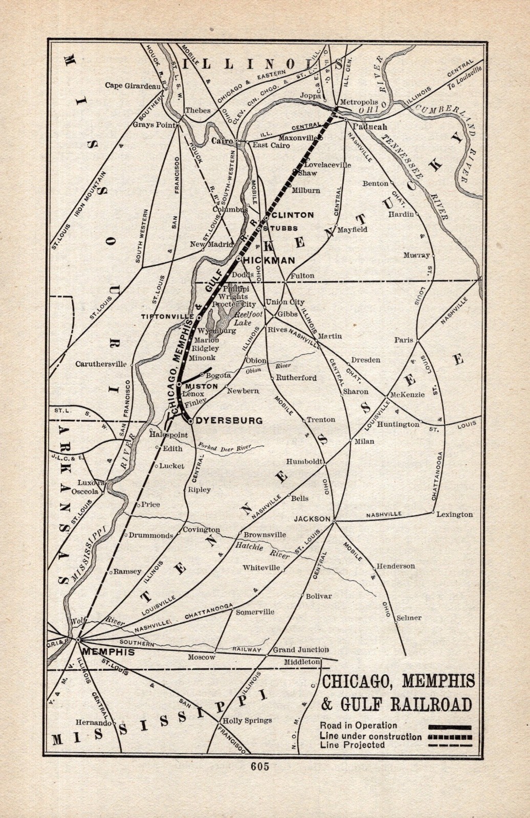 1911 Antique Chicago Memphis & Gulf Railroad Map Vintage Railway Map 2858