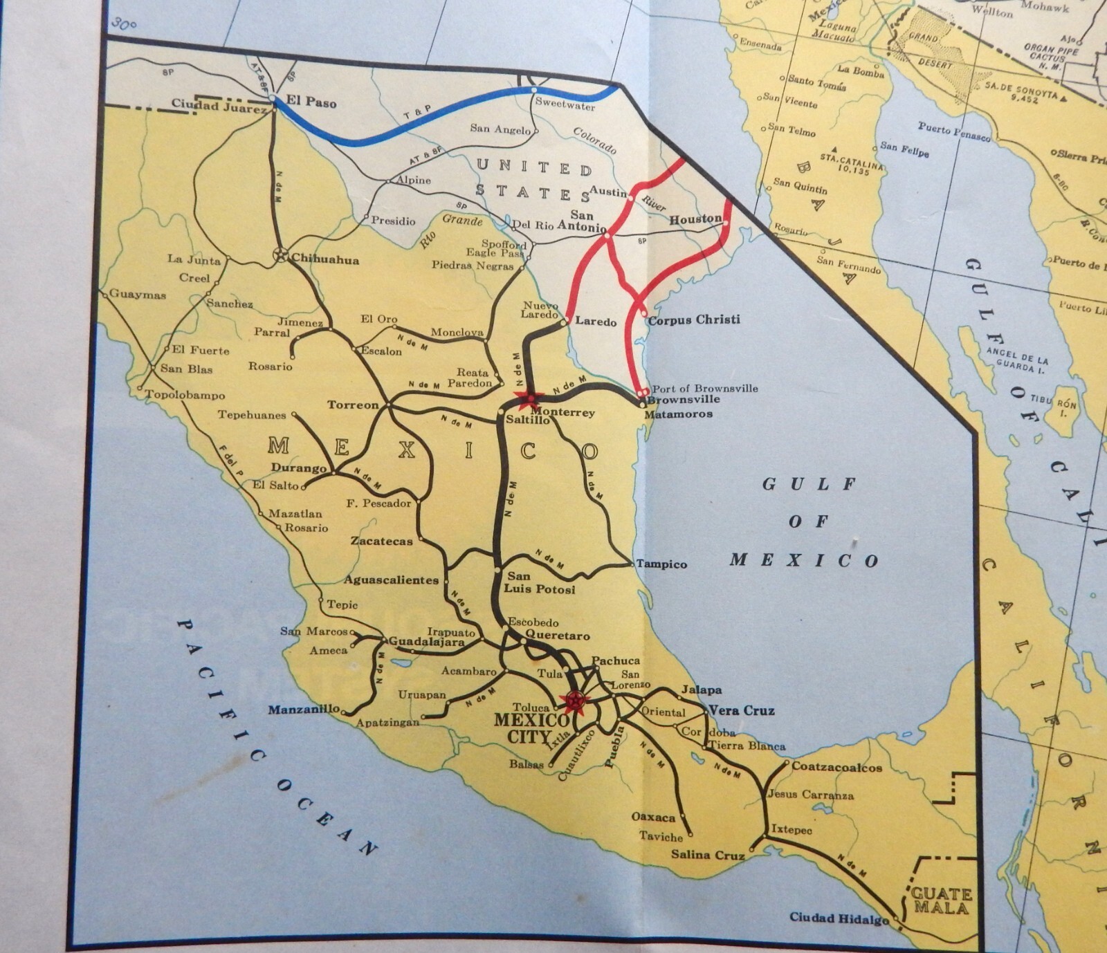 Missouri Pacific Railroad System US Map + Part of Mexico Mo Pac 20 x 32 LN