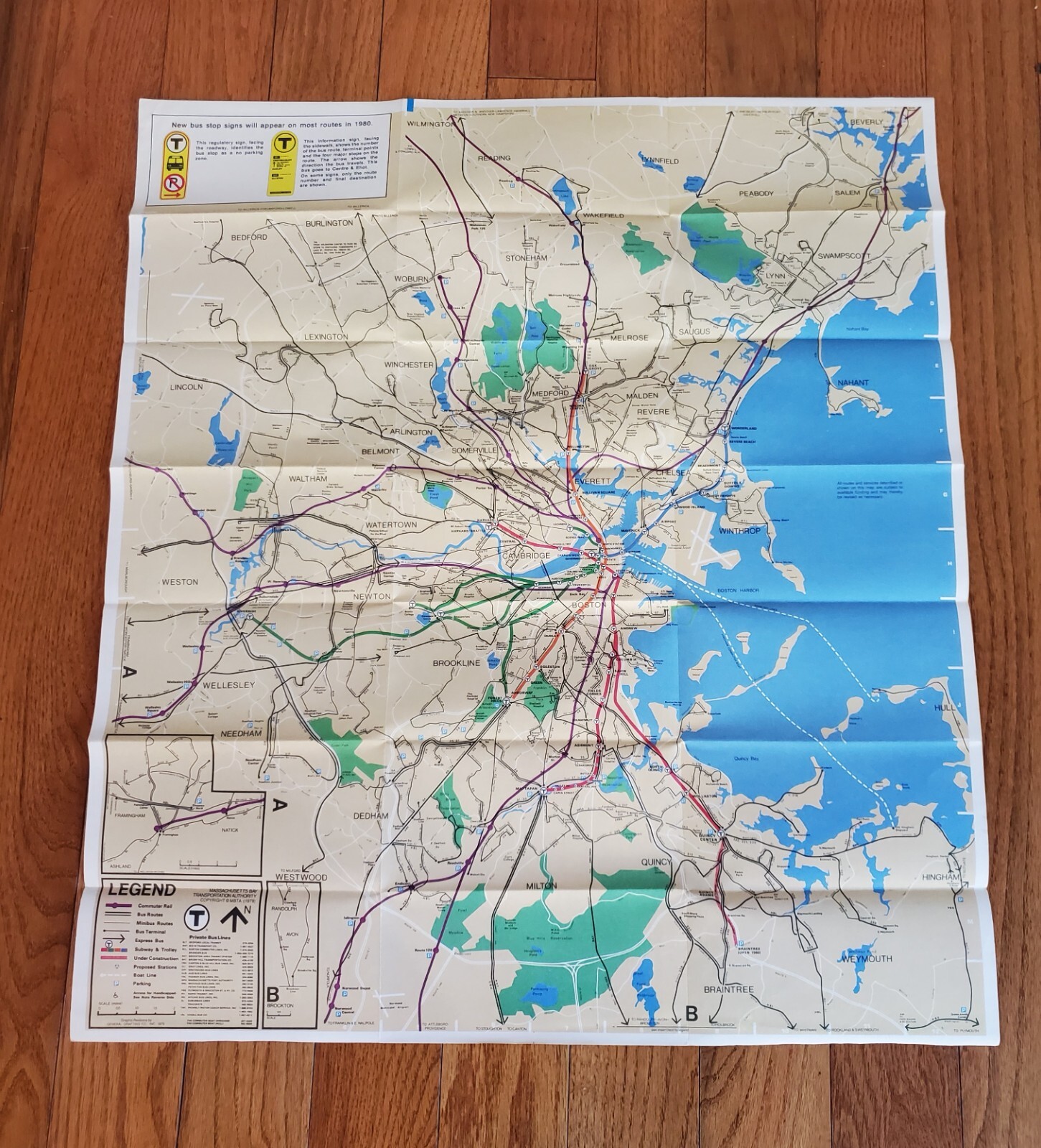 1980 MBTA MASSACHUSETTS BAY TRANSPORTATION AUTHORITY SYSTEM MAP SUBWAY BUS RAIL