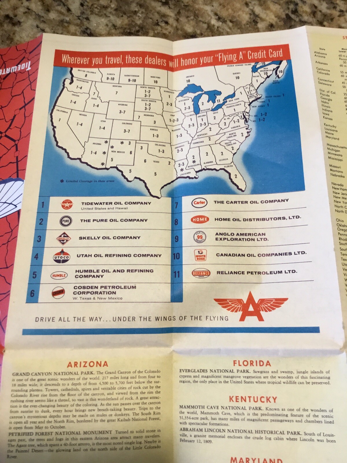 Flying A1957 RARE Map of the United States Great Shape Ships Free