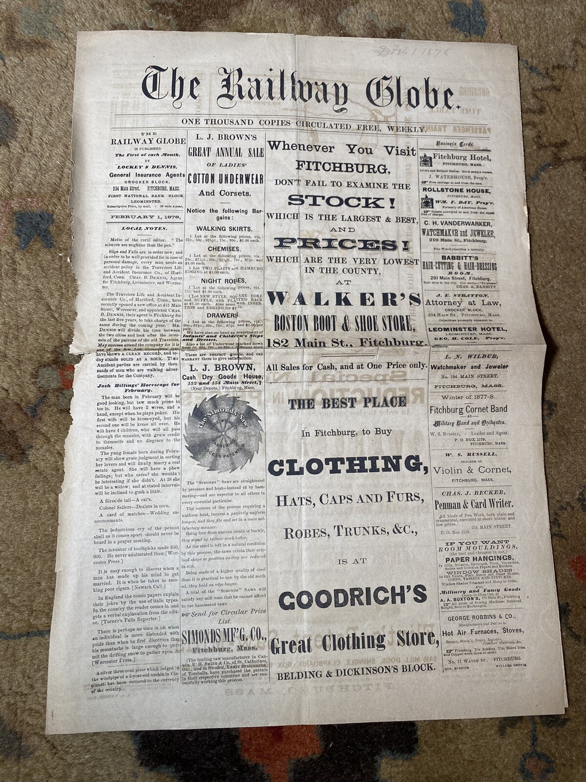 Antique 1878 The Railway Globe Newspapers Lot Fitchburg MA Old 1870’s Train Map
