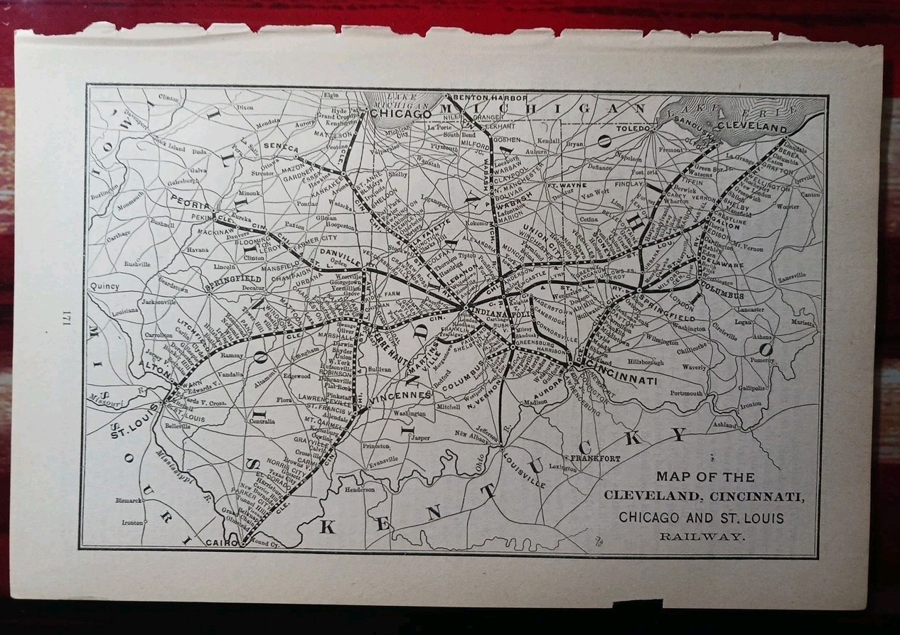 1892 Antique Railroad Map CLEVELAND CINCINNATI CHICAGO & ST LOUIS RAILWAY Routes
