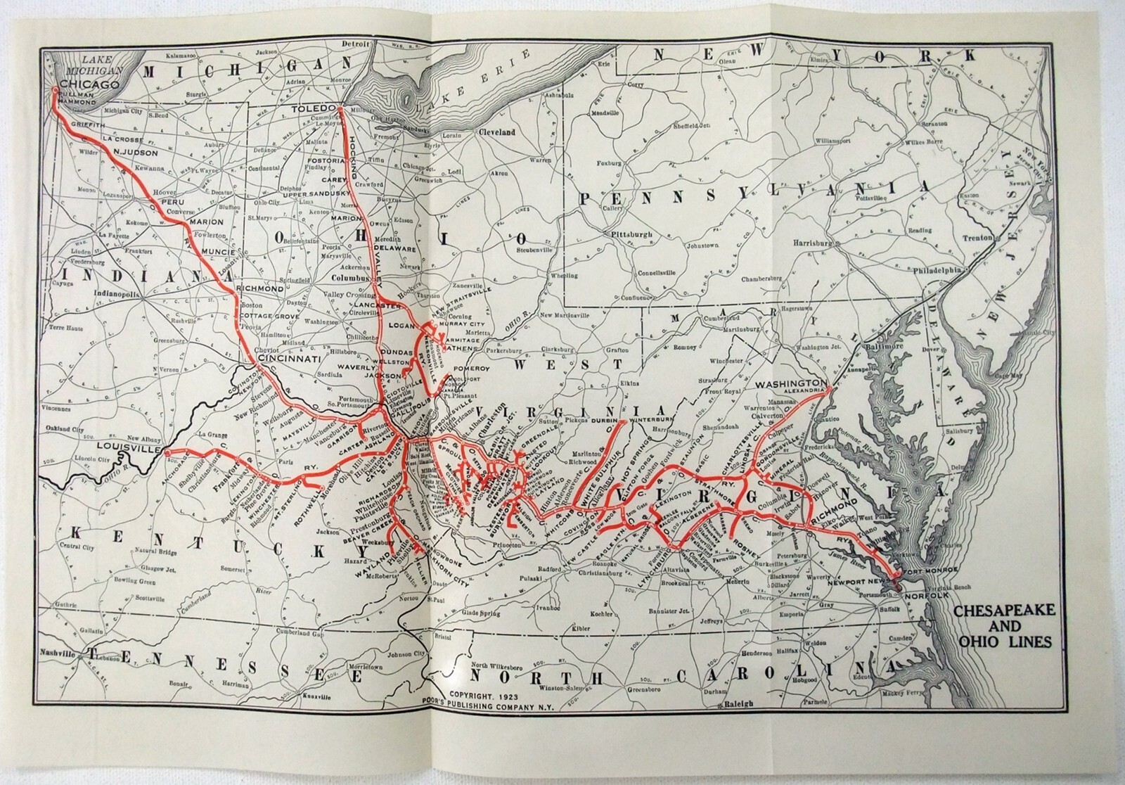 Chesapeake & Ohio Lines – Original 1923 Railroad System Map. Vintage Railway
