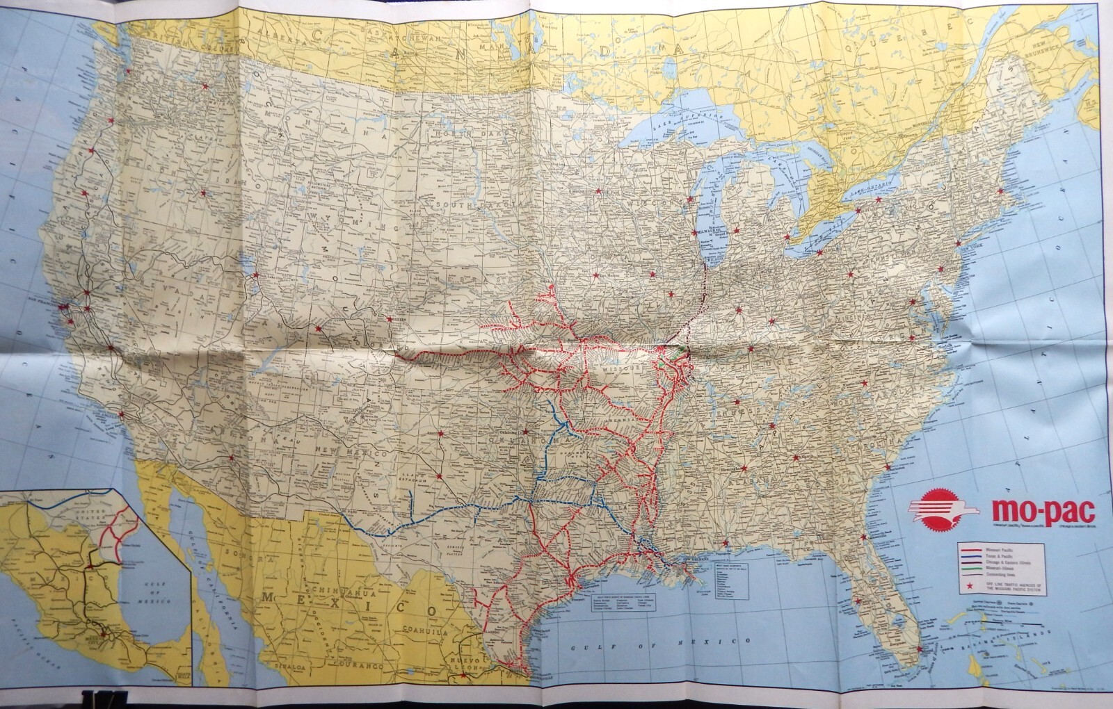 Missouri Pacific Railroad System US Map + Part of Mexico Mo Pac 20 x 32 LN