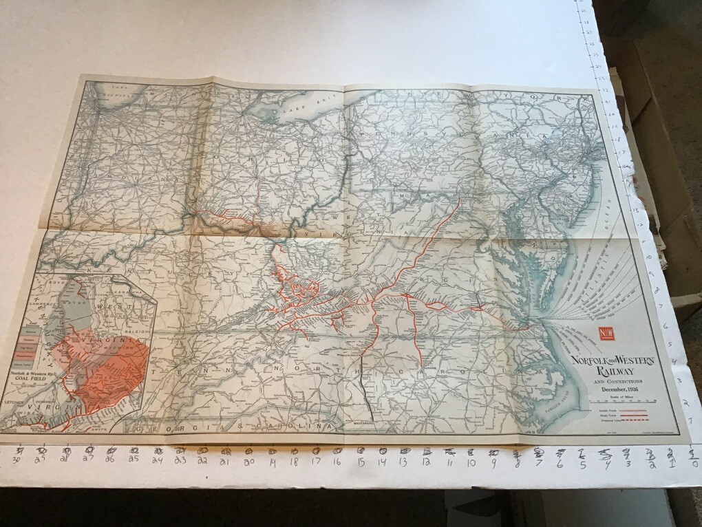 vintage railroad map: 22×32″ NORFOLK & WESTERN Railway 1936