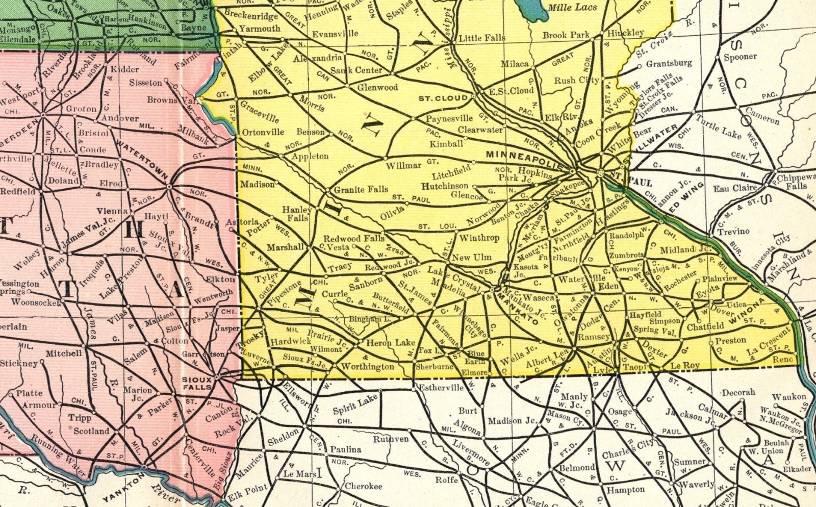1908 Antique Minnesota South & North Dakota Railroad Map Railway Map 1184