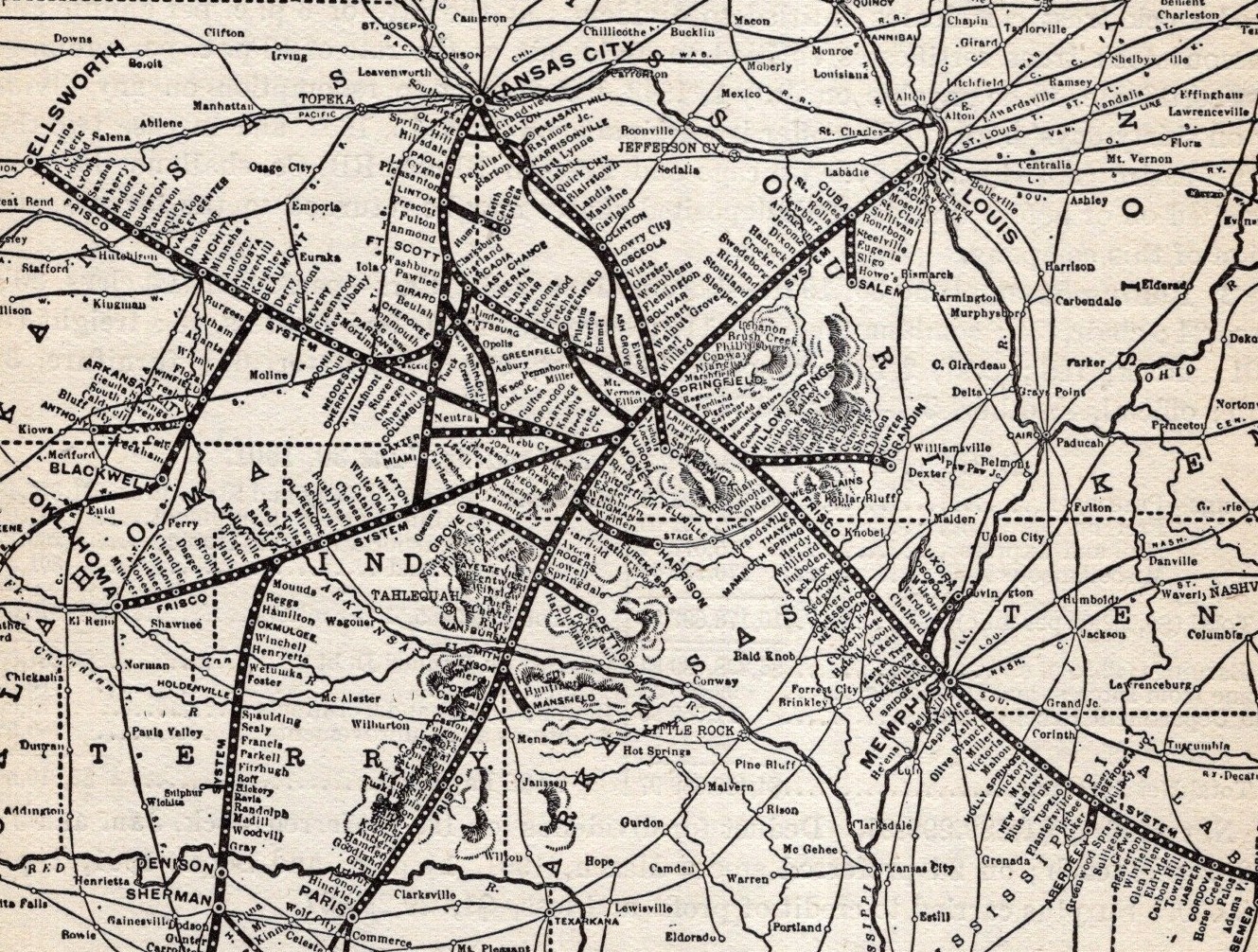 1902 Antique Frisco System Railway Map Vintage Railroad Map 2795