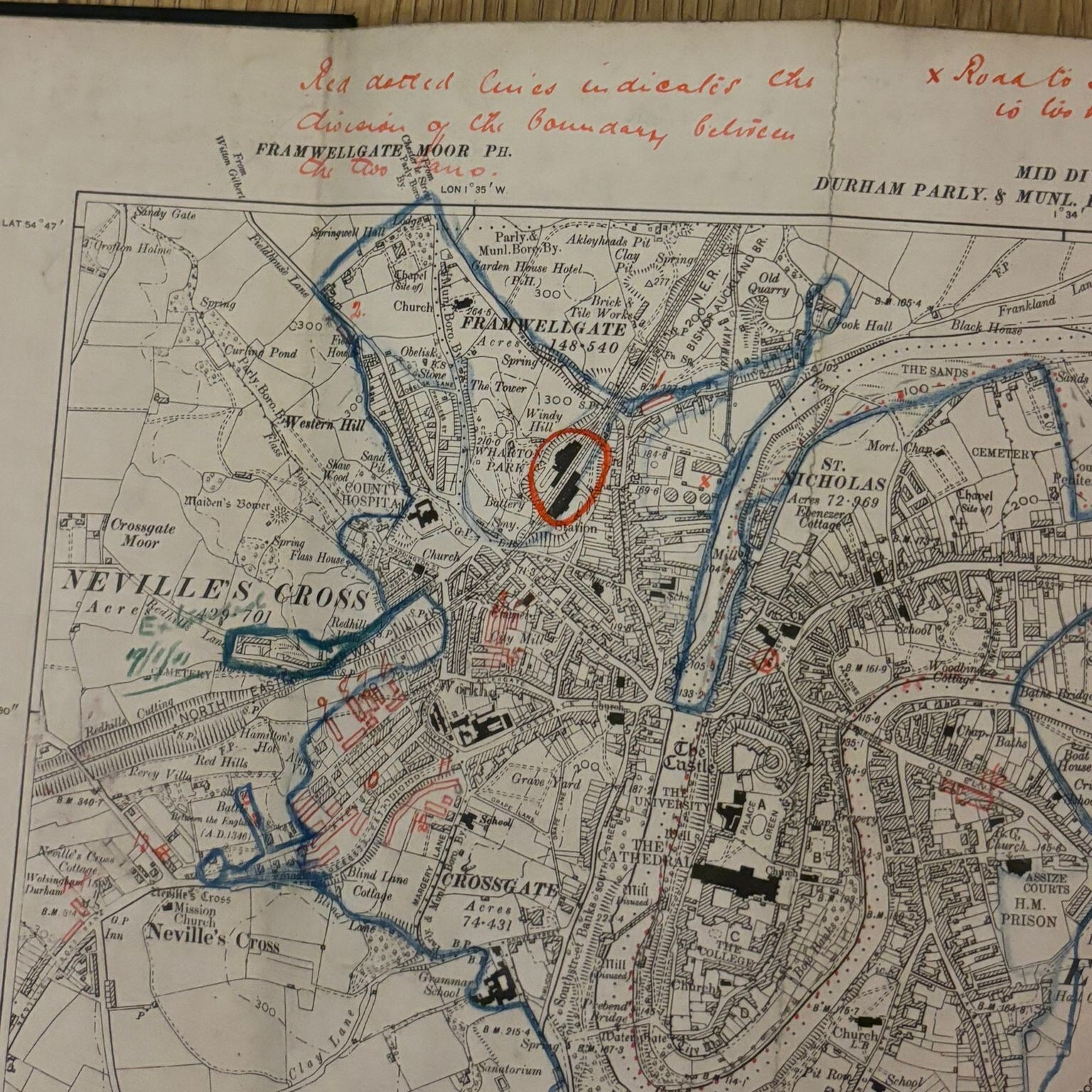 NER Durham Map 1898 Railway Parcels delivered Handwritten Nevilles Cross 1905
