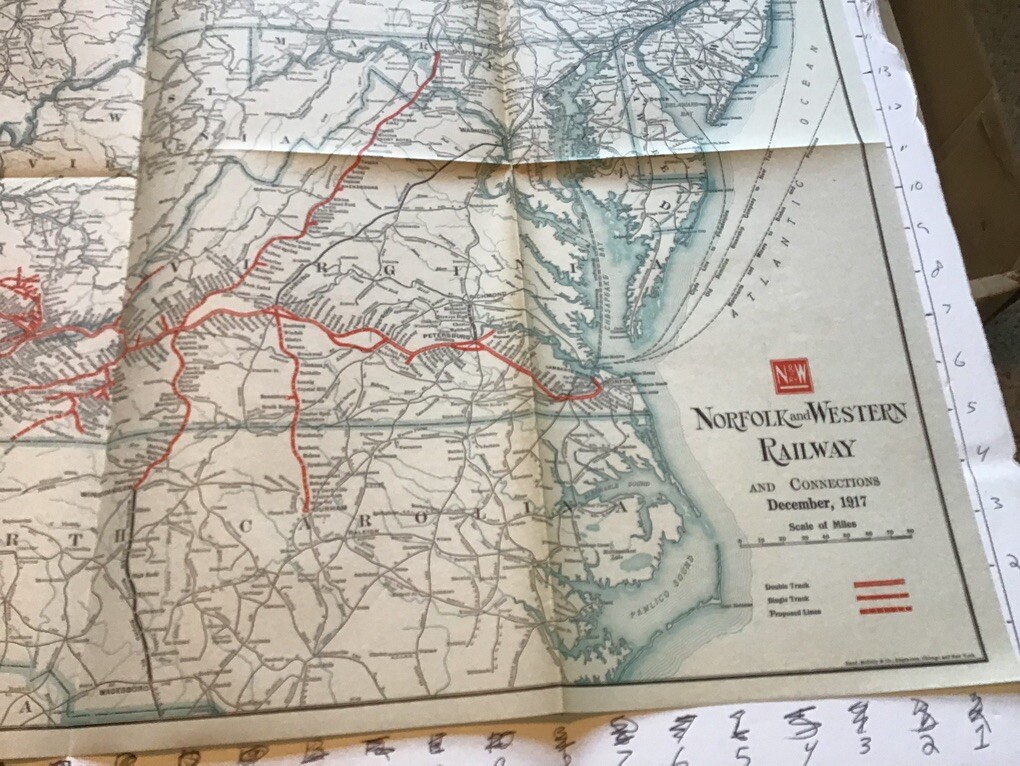 vintage railroad map: 22×32″ NORFOLK & WESTERN Railway 1917