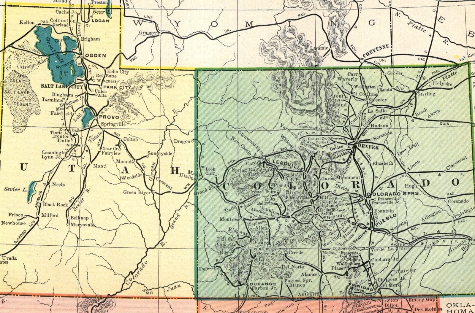 1908 Antique Utah Colorado Arizona New Mexico Railroad Map Railway Map 2689