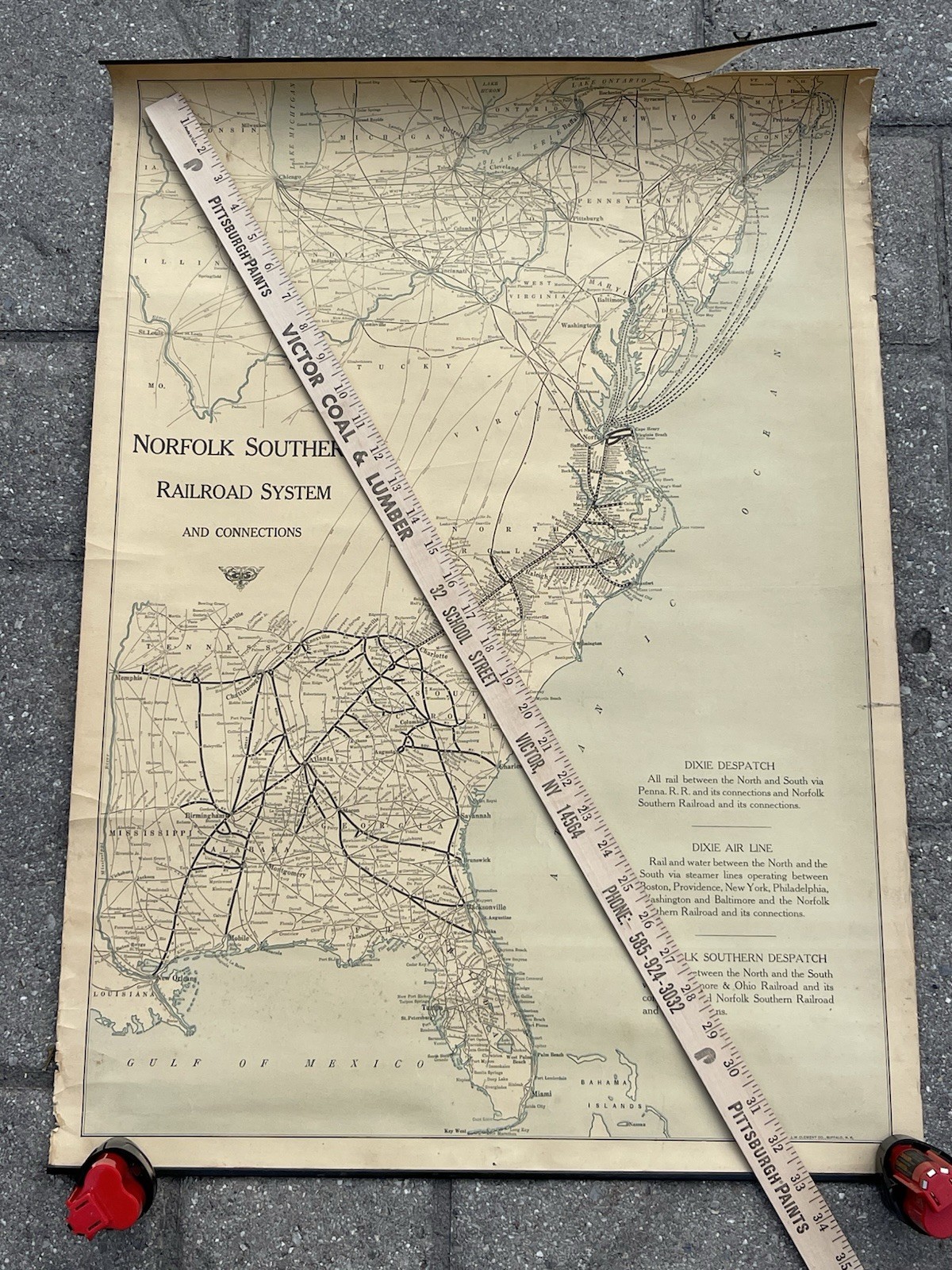 Antique c. 1940s Norfolk Southern Railroad System Track Wall Map Dixie Air Line
