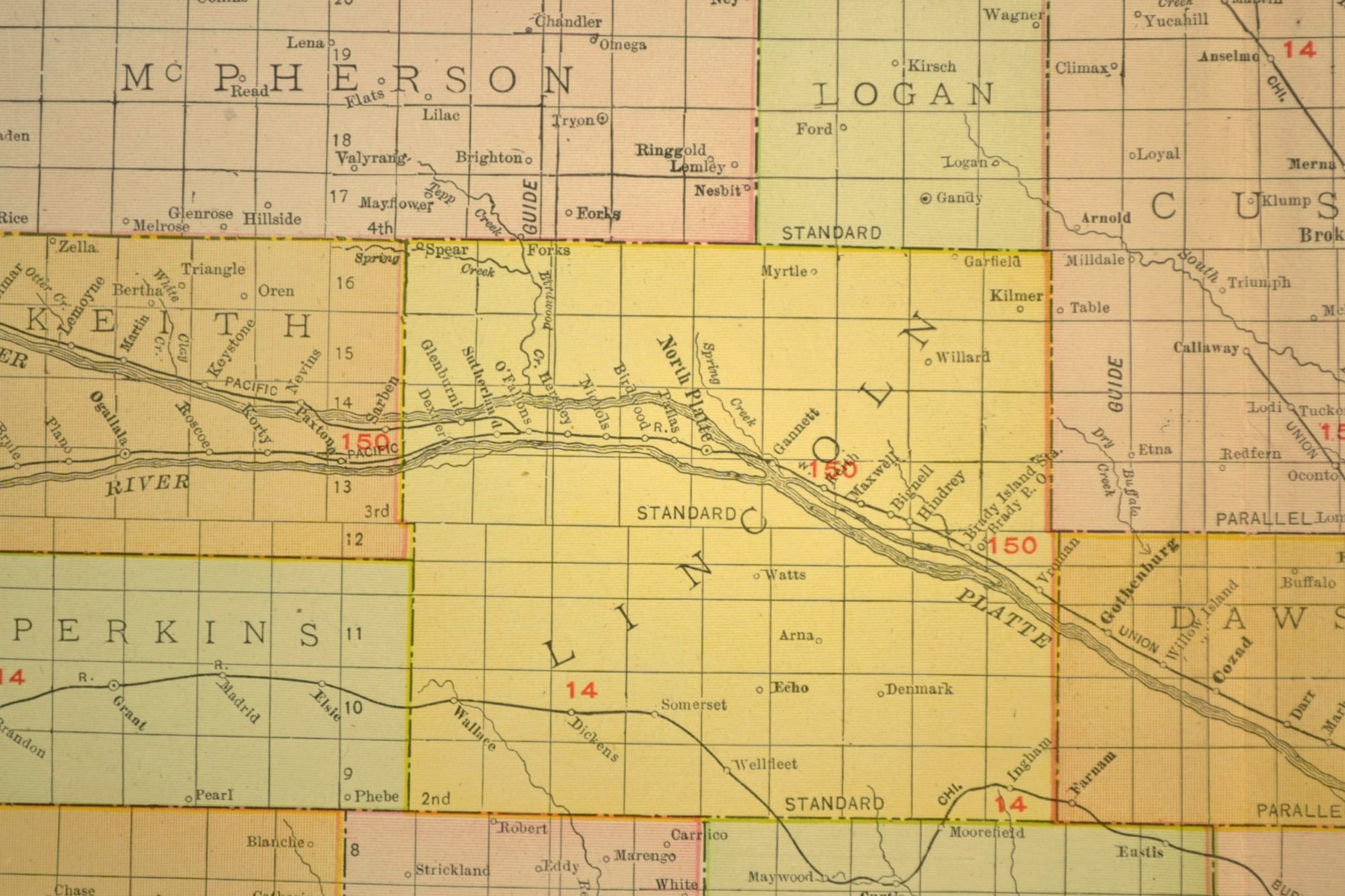 1911 Antique Nebraska Railroad Map ORIGINAL Atlas Map CBQ RR Union Pacific DATED