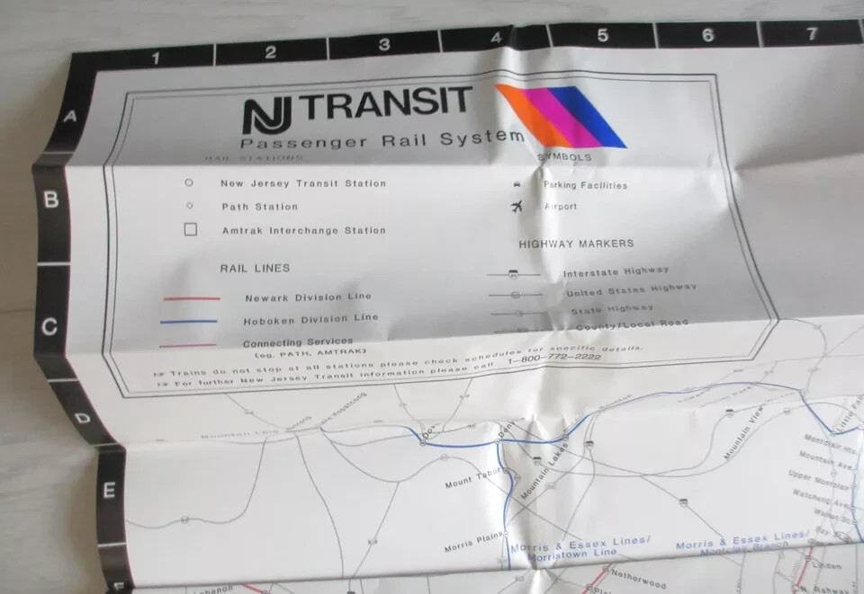 Vintage 1985 New Jersey NJ Transit Railroad Passenger Rail System Map