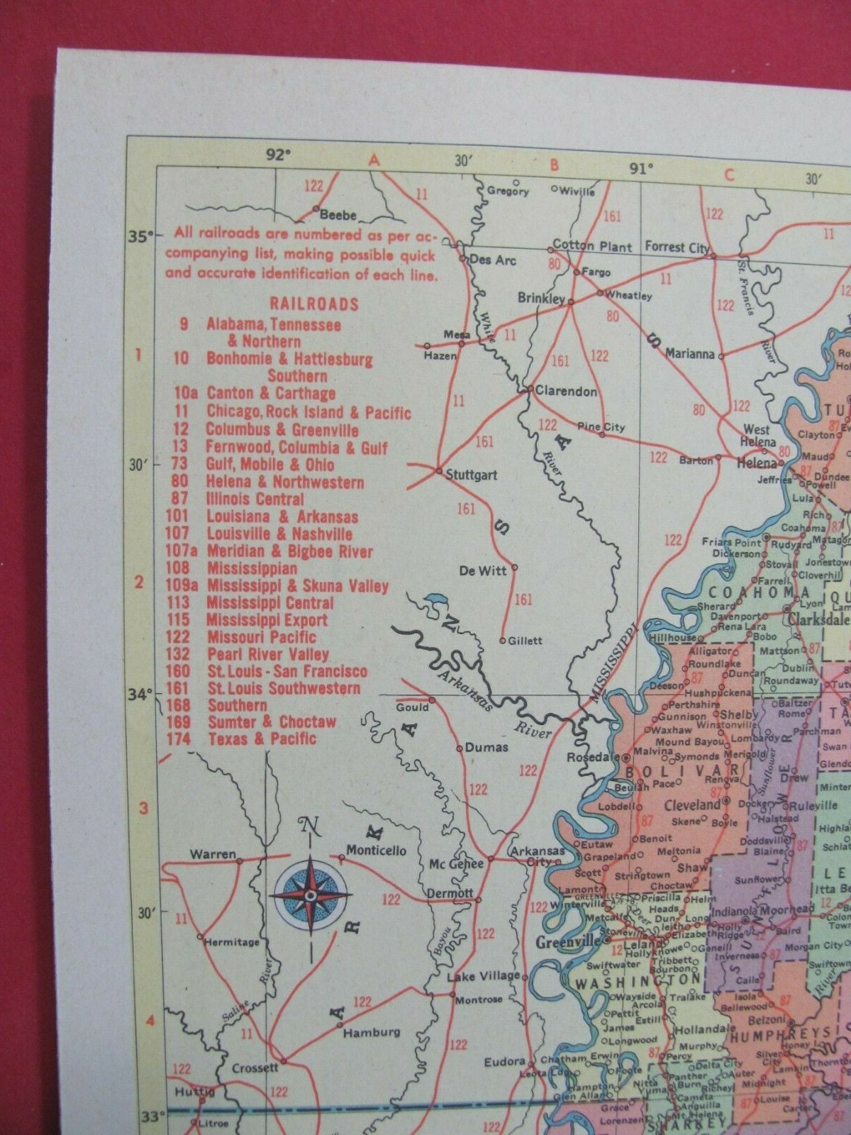 BEARTIFUL 1953 MISSISSIPPI RAILROAD MAP SHOWS & LIST ALL MS RR’s GENEOLOGY TOOL