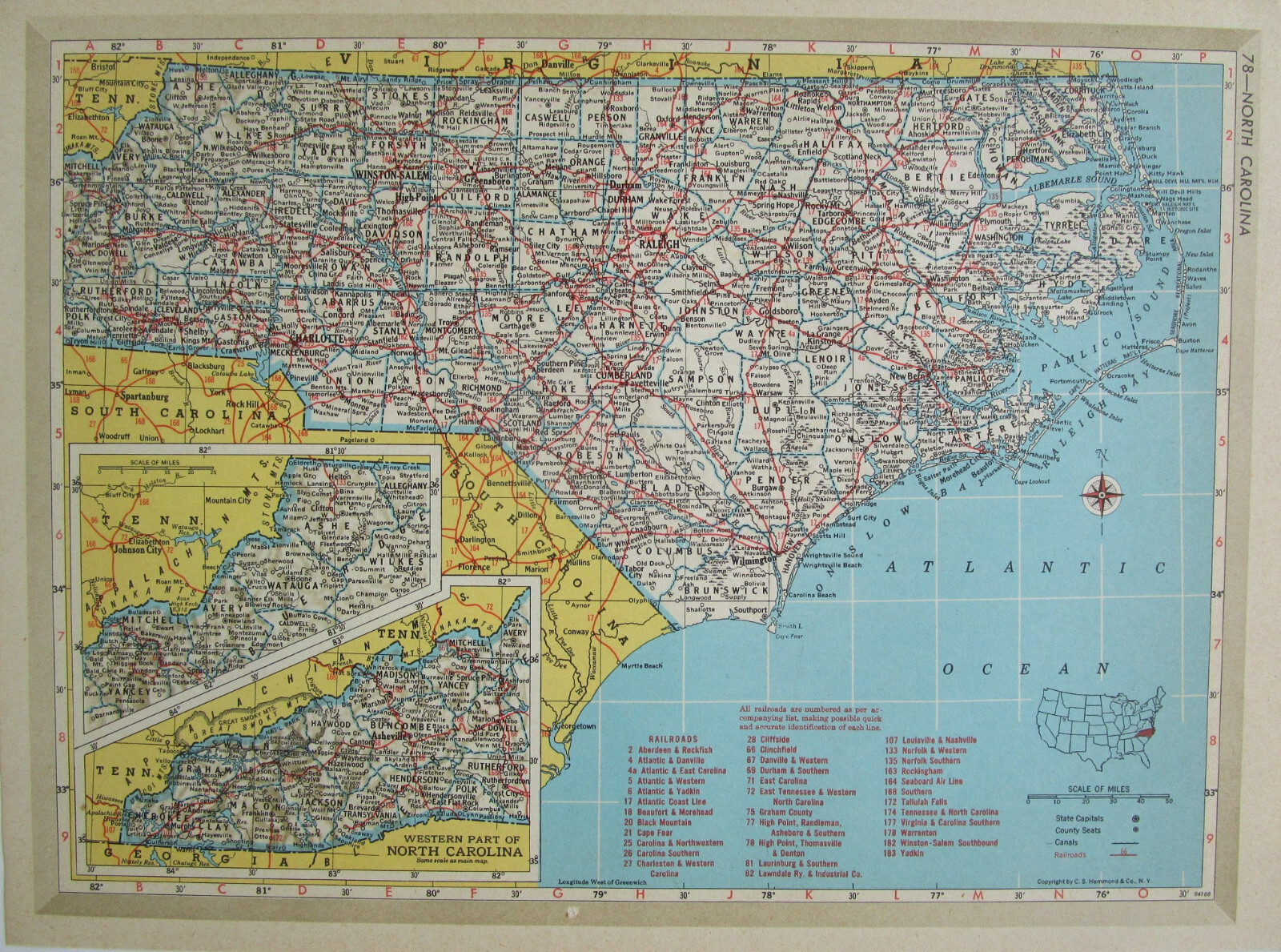 NC NY 1952 NORTH CAROLINA RAILROAD MAP BEAUFORT & MOREHEAD RR. or NEW YORK 1950s