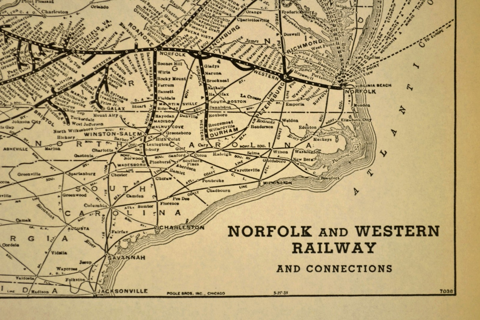 NORFOLK & WESTERN Railway Map Vintage Railroad System Map Antique 1930s