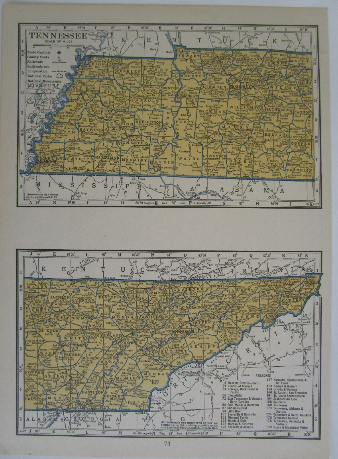 TN SD Vtg 1939 TENNESSEE RAILROAD Map. MORGAN & FENTRESS RR ~or~ SOUTH DAKOTA