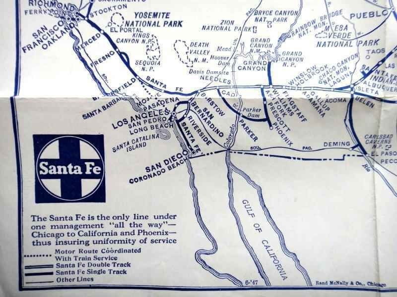 1947 vintage SANTA FE MAP w TRIP ITINERARY & HANDWRITTEN PRICES myers warren oh