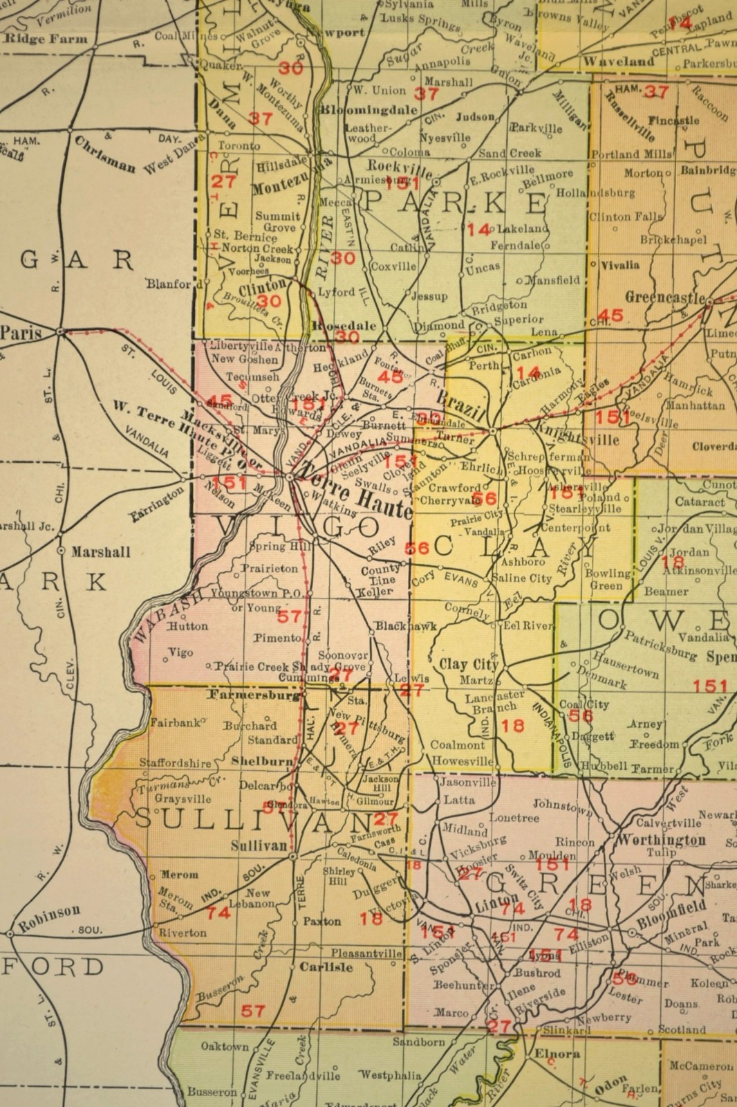 1911 Antique Map of Indiana Railroad Map ORIGINAL Atlas CCC&StL Railway DATED