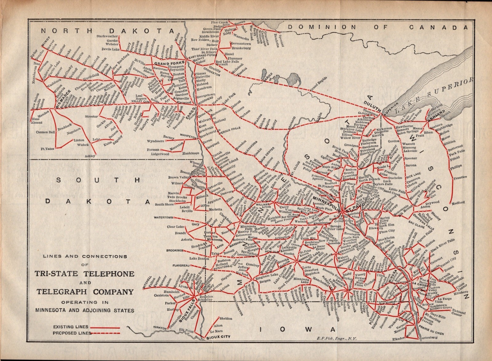 1912 Antique Tri-State Telephone and Telegraph Map Minnesota 2377