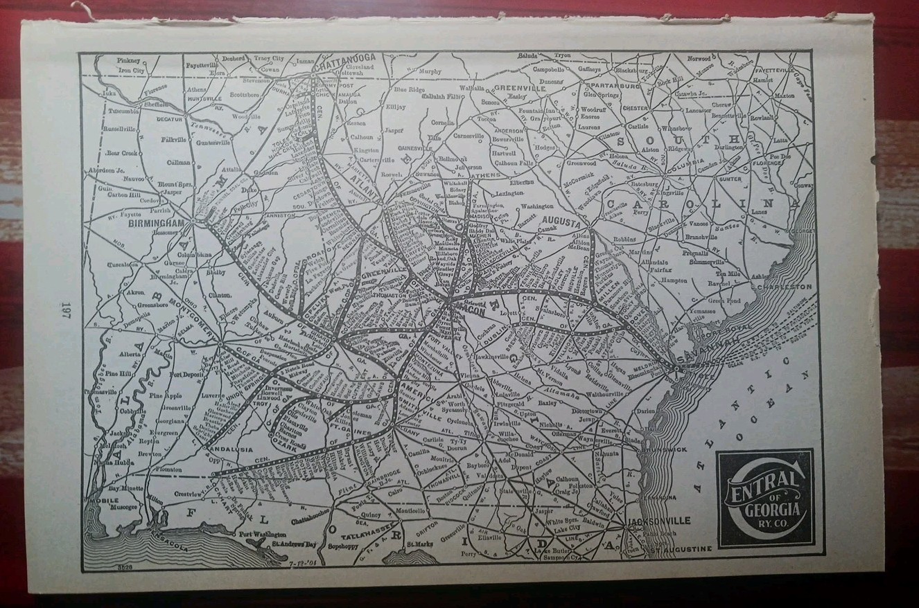 ~1906 Railroad Train Route Map CENTRAL OF GEORGIA RAILWAY all Lines Stations