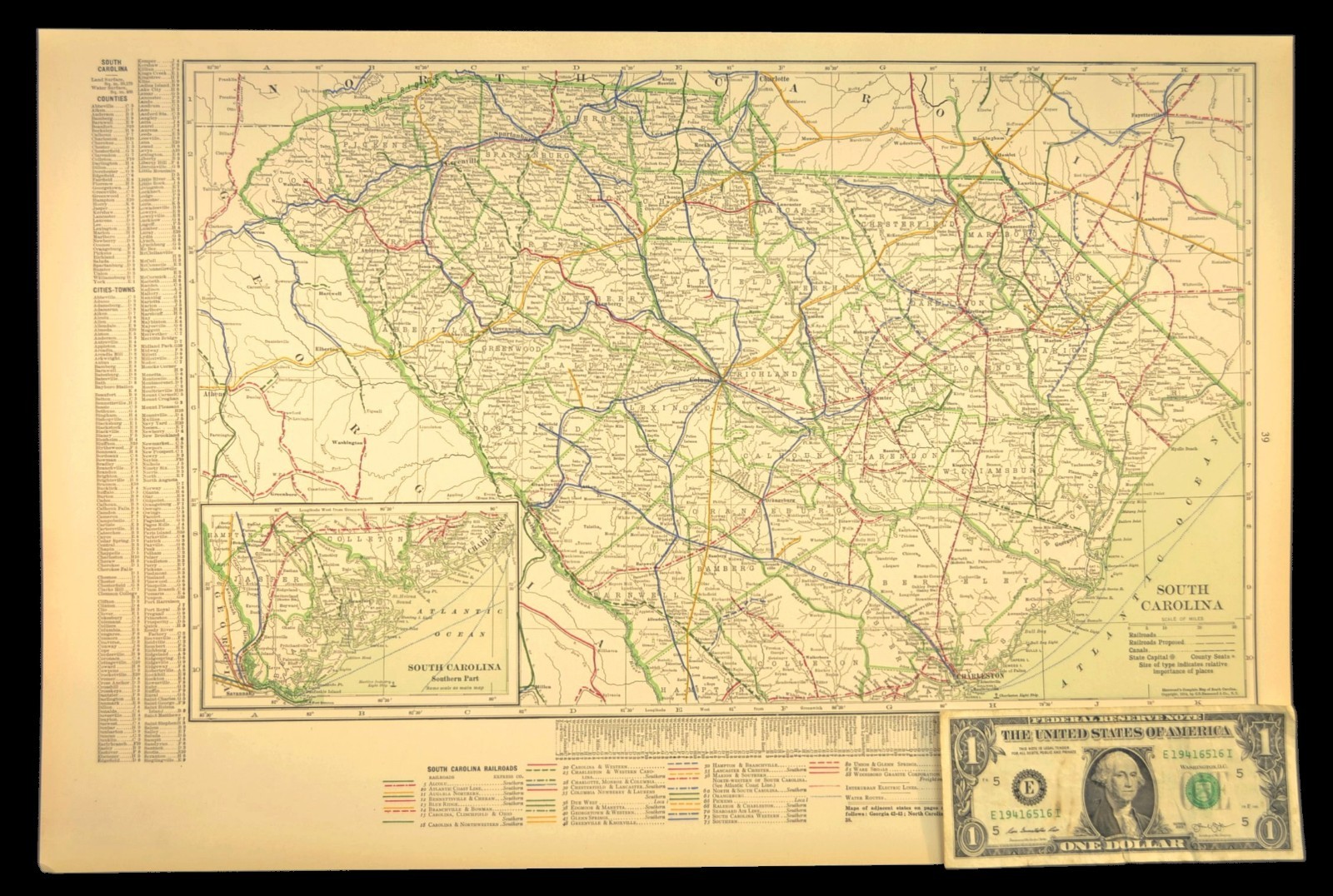 1914 Antique Map of SOUTH CAROLINA Railroads Map ORIGINAL Atlas Map ACL RR DATED